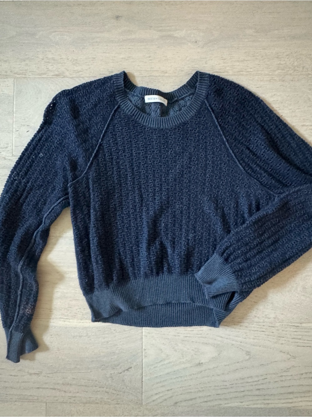 See By Chloe Navy Open-Weave Crewneck Sweater perfect for summer nights